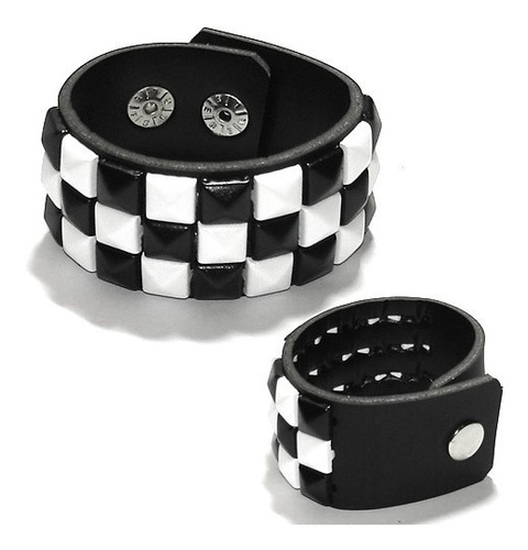 Pulseira Bracelete Couro Xadrez Preto E Branco Rock Metal