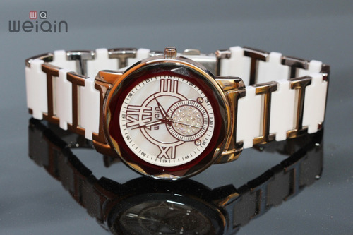 Reloj Weiqin Plateado Ceramica Blanca Cristales Zirconia R51