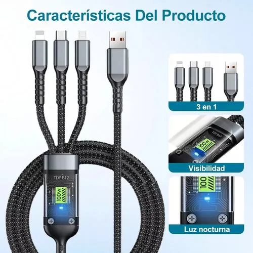 Cargador Usb Multiple 1.2m,cable Usb C Carga Rapida 3 En 1