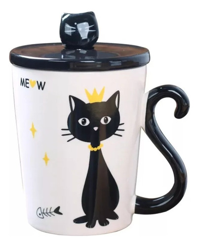 Tazón De Gato Con Mango Cola De Gato + Tapa Y Cuchara Mug