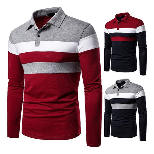 Men's Striped Polo Shirt With Lapel Long Sleeves
