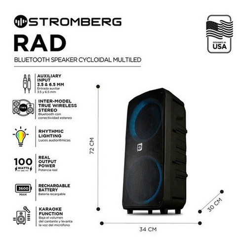 Imagen 3 de 3 de Parlante Portatil Bluetooth Stromberg Rad Led 100w