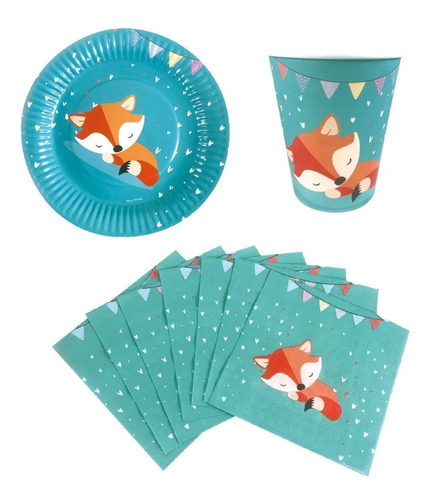 Kit Zorro Zorrito Platos Vasos Servilletas Descartables