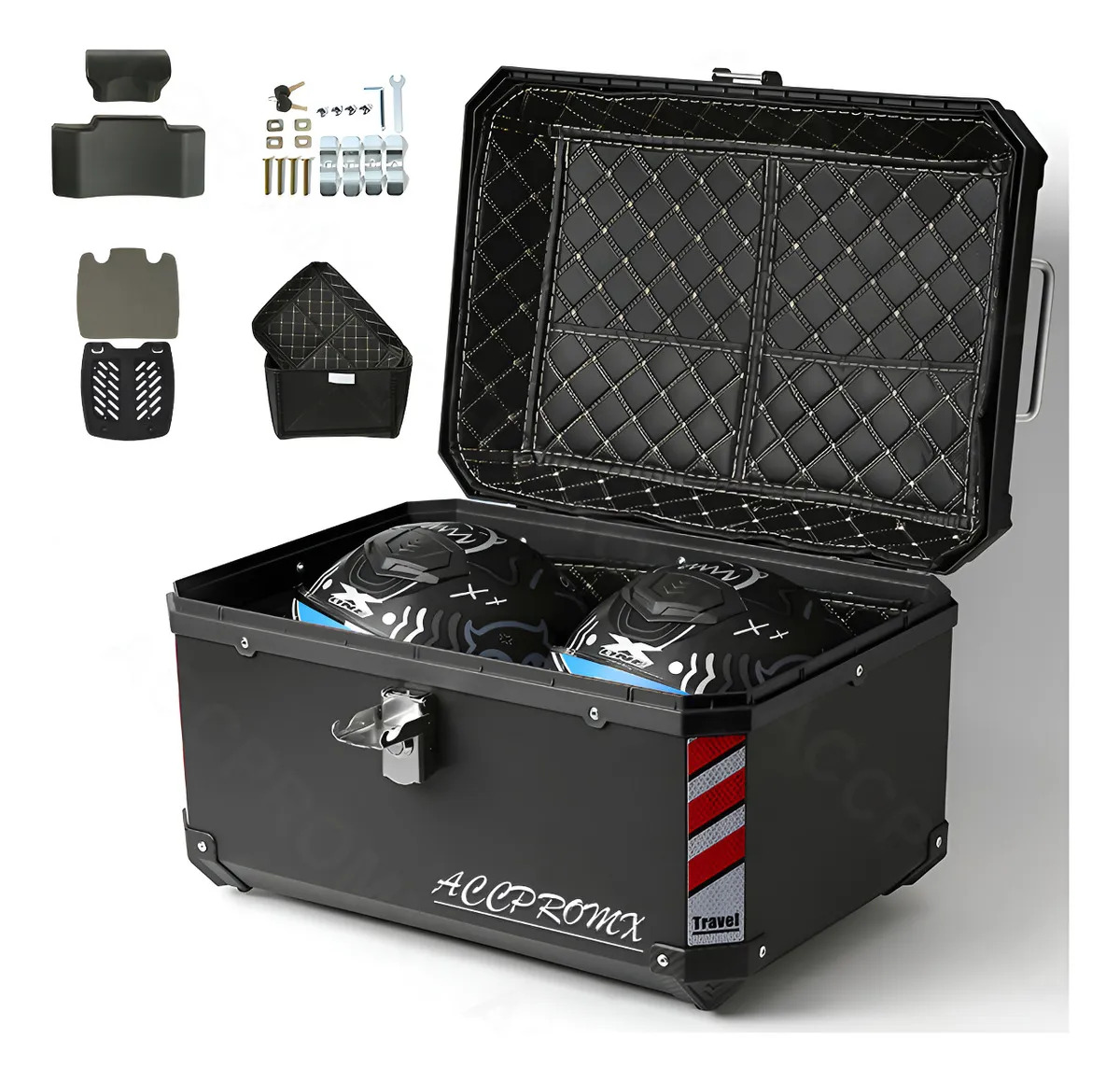 Baul Trasero Caja Moto Abs Top Case 68l De 2 Cascos/respaldo Color Negro