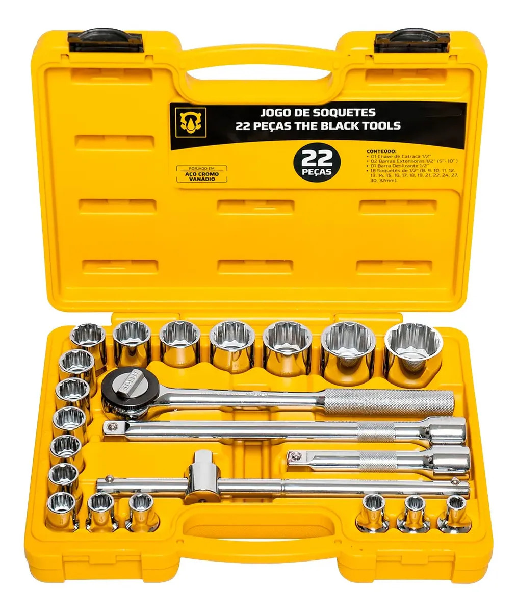 Jogo Kit de Ferramentas Manuais Chave Catraca 1/2 8 a 32mm BCS022 The Black Tools Cor Amarelo