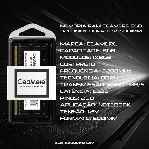 Memória Ram Gamer Ddr4 8gb 3200mhz Sodimm 1.2v Notebook Cl22