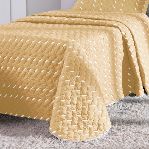 Kit Cobreleito Solteiro Liso Matelado Bordado Coxa 400 Fios Cor Amarelo Mostarda Folha Bordada