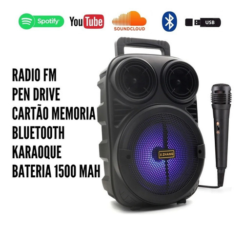 Caixa De Som Bluetooth C/ Microfone Usb Fm Aux Radio Amplifi Cor Preto