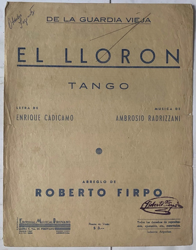 Antigua Partitura Tango El Llorón, Cadícamo Y Radrizzani  Mv