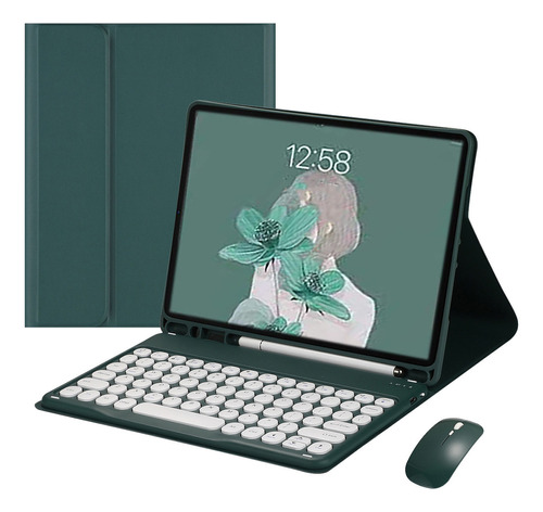 Teclado Redondo + Mouse + Capa Para Samsung Tab S8ultra 14.6 Cor Noite Escura Verde + Teclado Circular Verde + Mouse De Carregamento Verde Bluetooth