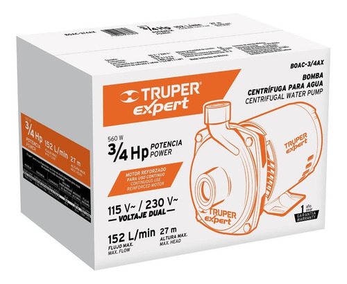 Imagen 3 de 3 de Bomba 3/4hp 110-220v 27m 152lm Motor Americano Truper 100432 Frecuencia 60 Fase Eléctrica Monofásica Color Naranja