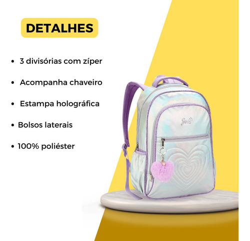 Mochila Costas Juvenil Coração Metalizada Escolar Meninas Cor Prata