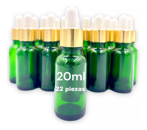 20 Goteros 20ml Envase Vidrio Verde, Dorado Y Blanco 