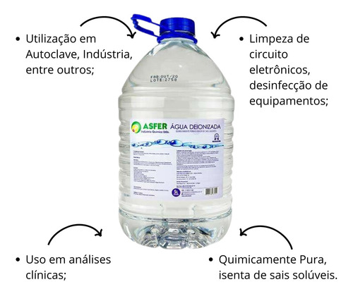 Água Deionizada 5 Litros Para Laboratório Asfer