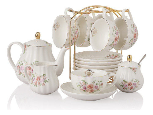 Juego De Té De Porcelana Sweejar Rosa, Blanco