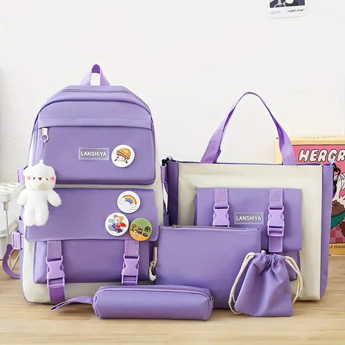 Set De 4 Mochilas Bolsas Escolares Estudiante Lapicera Moda Color Purple