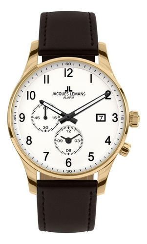 Reloj Jacques Lemans 1-2125d London Cronógrafo-café Correa Café Bisel Dorado Fondo Blanco