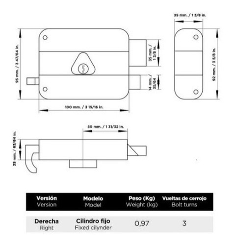 Cerradura 5000 Cilindro Cisa Fijo Derecha 60 Mm 2 Llaves