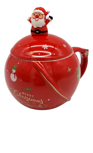 Set De Taza De Cerámica C/tapa Y Cuchara Arbol Navidad 400ml