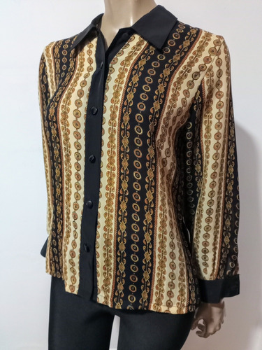 Camisa Vintage De Gasa Negro Beige Talle L Impecable 