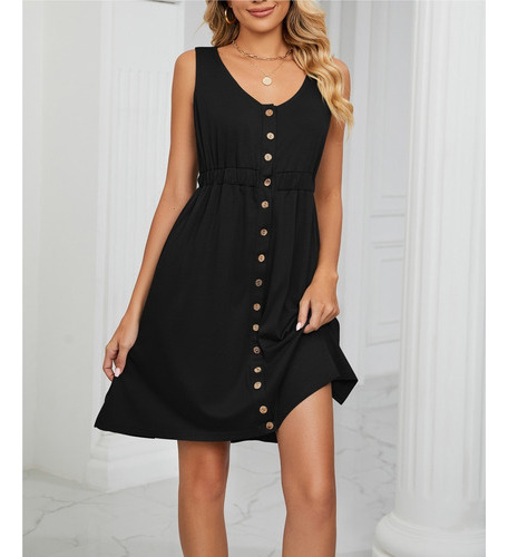 Vestido Sin Mangas Con Botones Cuello Redondo Mujer Con