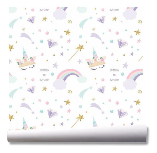 Papel De Parede Arco Íris Unicórnio Menina Kit 02 Rolos A68