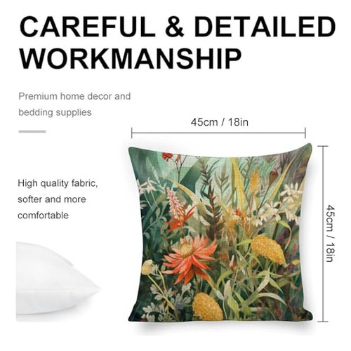 Funda De Almohada De Lino De 18x18 Pulgadas Con Flores Acuar