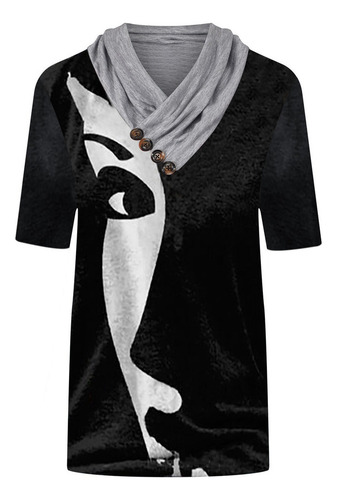 Mujer Tops Estampados Con Cuello En V Y Botones De Manga Cor
