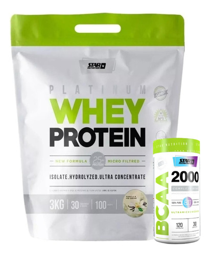 Combo Whey Protein Star 3kg + Bcaa 2000 Aumento Muscular