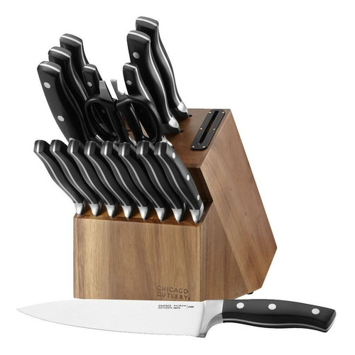 Juego Set Cuchillos Cocina Tijera Afilador Taco Madera 18 Pz Color Madera, negro y plateado