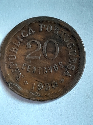 Moneda Cabo Verde 20 Centavos 1930 República Portuguésa