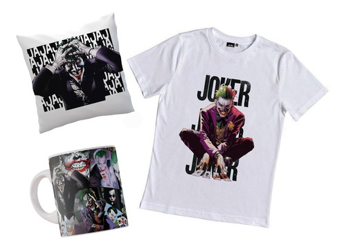 Combo Remera Joker Guasón Villano Con Taza Y Almohada 