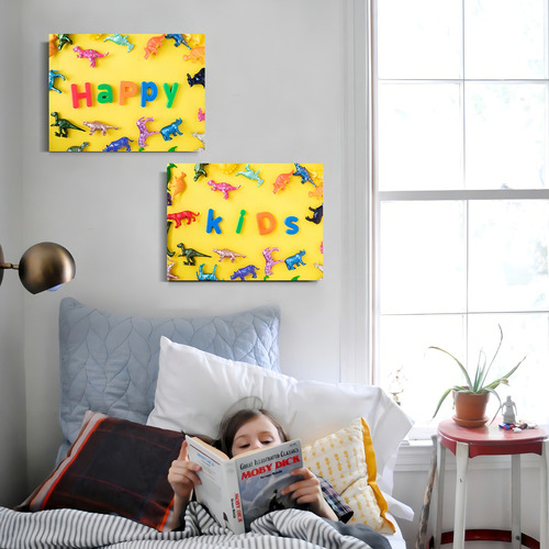 Cuadro Canvas Para Niños Niñas Happy Kids Y Dinosaurios 1 Pz Color Amarillo Armazón N/a