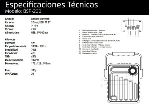 Bocina Portátil Recargable Bluetooth Vorago Bsp-200 Usb Sd