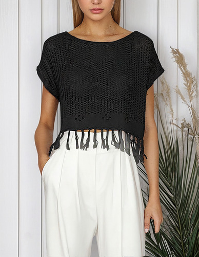 Blusa Tipo TĂșnica Holgada Con Cuello Redondo Y Flecos Para
