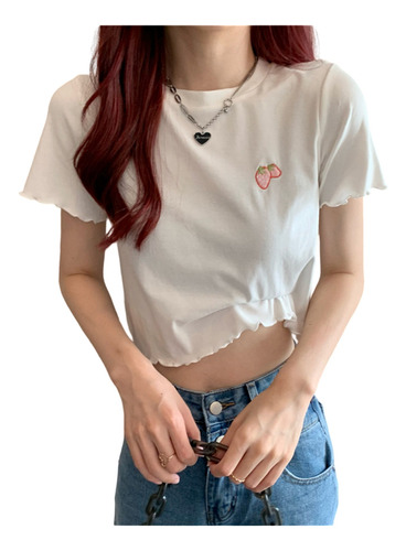 Camiseta Corta Con Ombligo Bordado De Manga Corta Para Mujer