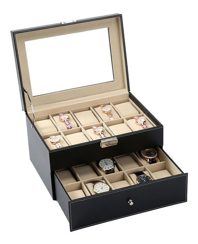 Caja Estuche Exhibidor Para 20 Relojes Joyas Piel Cristal 