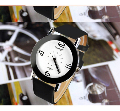 Juvenil Reloj Unisex Hombre O Mujer Imitacion Piel Suave Correa Negro Bisel Negro Fondo Blanco