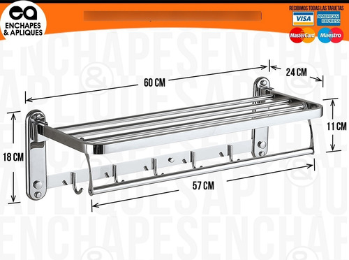 Imagen 2 de 6 de Organizador Toallas Plegable Con Percheros 60 Cm Acero Inox