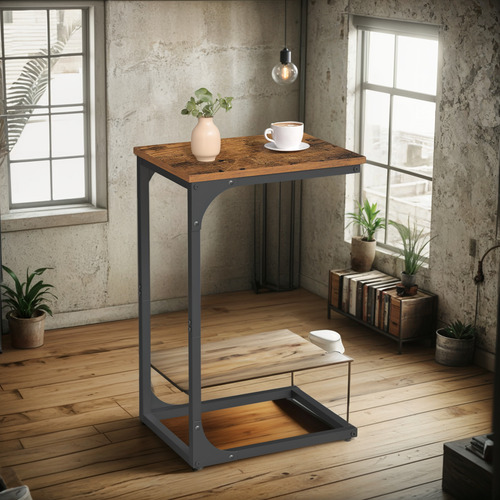 Mesa Auxiliar En Forma De C Marrón Rústico Y Negro
