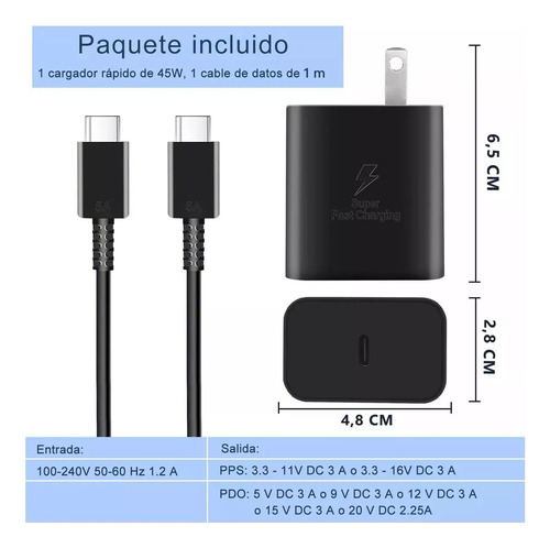 Cargador 45w Tipo C Carga Súper Rápida Compatible Con Cable Negro