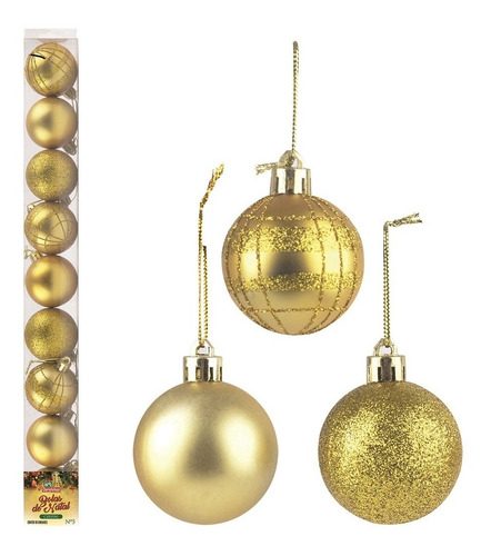 Bolas Natal 5cm Kit Com 9 Unidades Vermelha Dourada Luxo Cor Dourado/Cristal