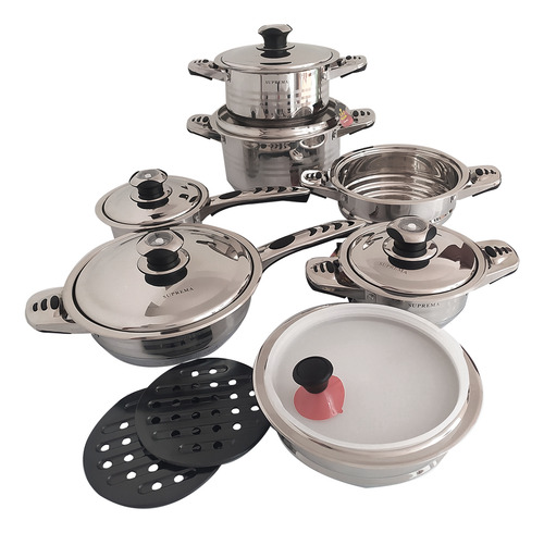 Juego Olla Suprema Acero Quirúrgico Triple 16 Pcs Con Tapa