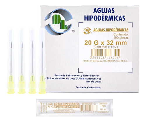 Aguja HiPodérmica Calibre 20x32 Amarilla Caja Con 100 Capacidad en volumen 1 mL