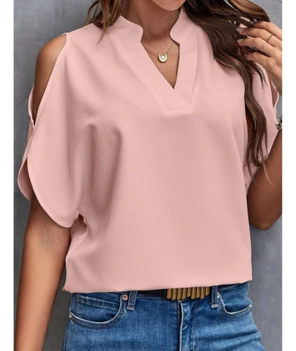 Camisa De Verano Con Cuello En V Liso Y Hombros Descubiertos