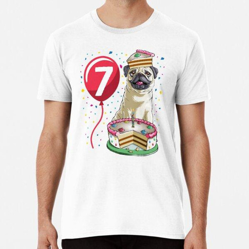 Remera Pastel De Cumpleaños Pug Globo 7 Algodon Premium