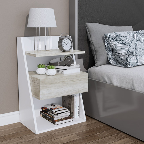 Mesa De Luz 1 Cajon Moderna Mesita Melamina Minimal Helsinki Acabado Melamínico Color Beige