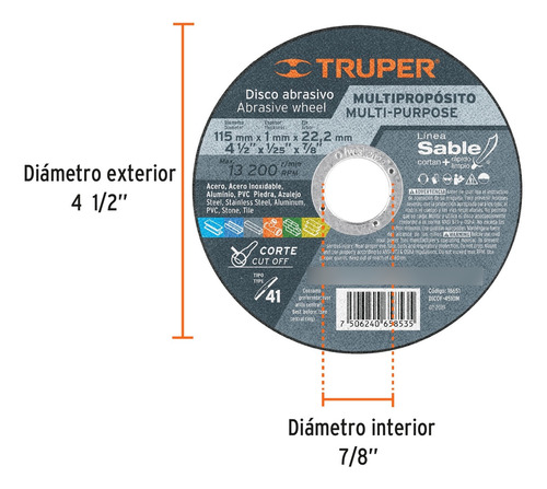 Disco 41 P/corte Multipropósito Sable 4-1/2 18651 Truper