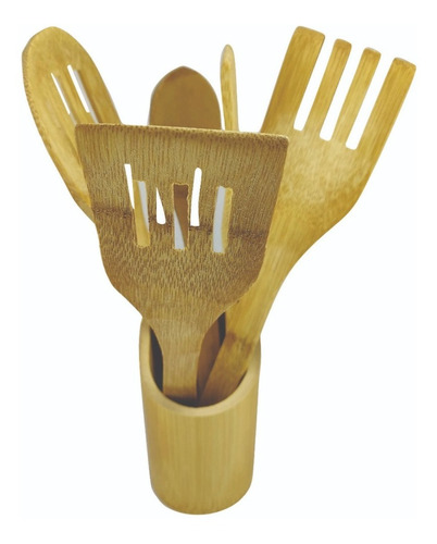 Imagem 8 de 10 de Conjunto Talheres Bambu 6 Peças Pau Colher Garfo Espatulas