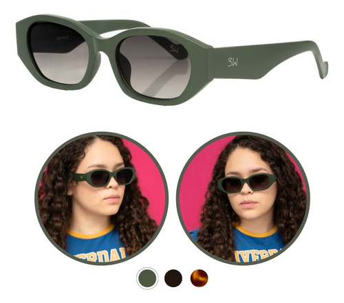 Óculos De Sol Feminino Verde Retro Grande Arredondado Cor Único Armação Verde-musgo Haste Único Lente Único Desenho Retangular Arredondado